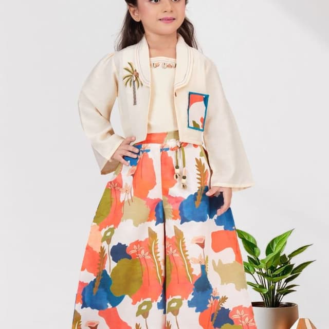 Off-white, orange, blue, green, and cream Outfit