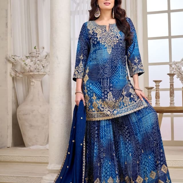 Blue, Gold Sharara Suit
