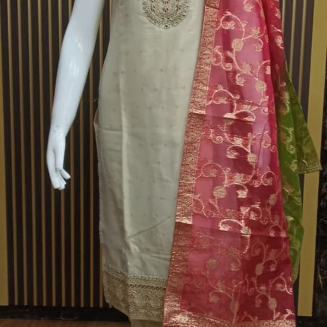 Cream, Red, Green, Gold Salwar Kameez
