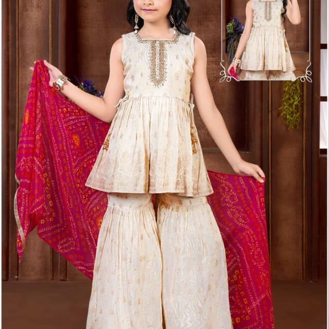 Cream, Gold, and Pink Sharara Suit