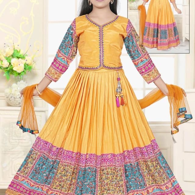 Mustard Yellow, Teal, Pink Lehenga Choli