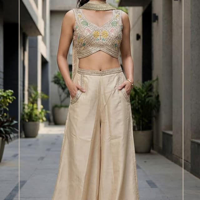 Beige, Gold, and Pastel colors (green, yellow, pink) Sharara Set