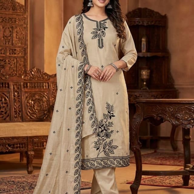 Beige and Black Salwar Kameez Suit