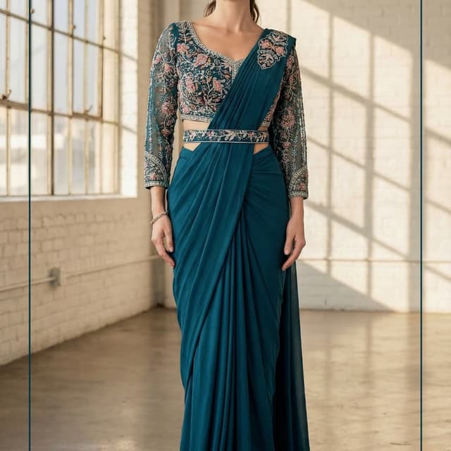 Teal, Pink, Gold Saree