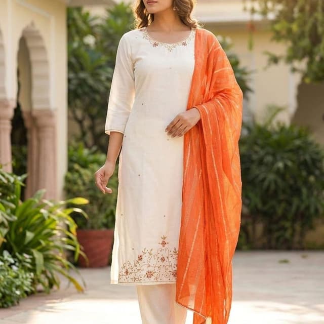 Ivory and Orange Salwar Kameez
