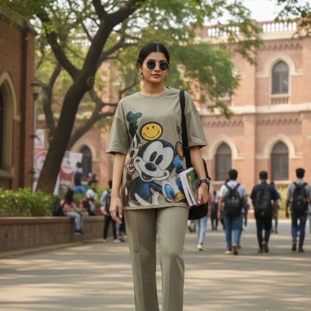 Olive green, black, white, blue, yellow T-shirt and trousers