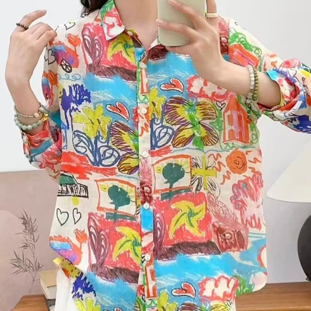 Multicolor, featuring vibrant shades of blue, red, yellow, and green on a white base. Shirt