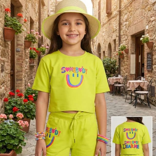 Neon Green with Rainbow and Pink accents Two-piece set (Crop Top and Shorts)