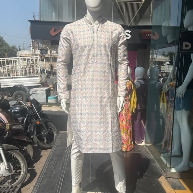 White, with pastel shades of blue, pink, and green Kurta and Pant Set