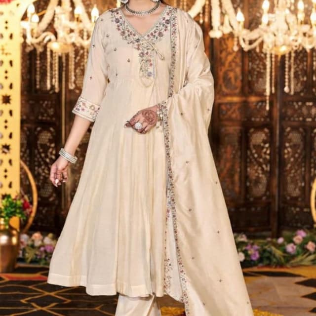 Ivory, with multicolored embroidery accents Anarkali Suit Set