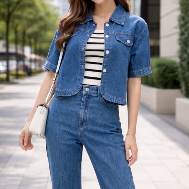 Blue, White, Black Jacket, Jeans, Top