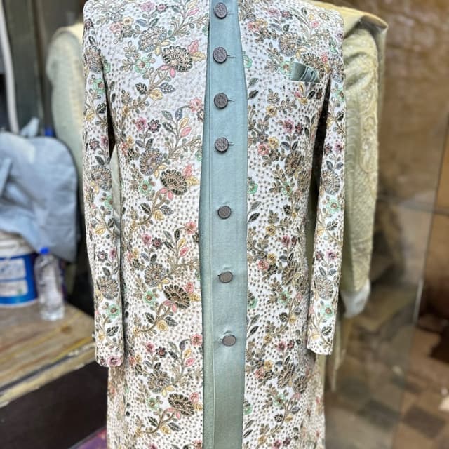 Ivory, Sage Green, Gold, and Pastel Accents Jacket/Sherwani