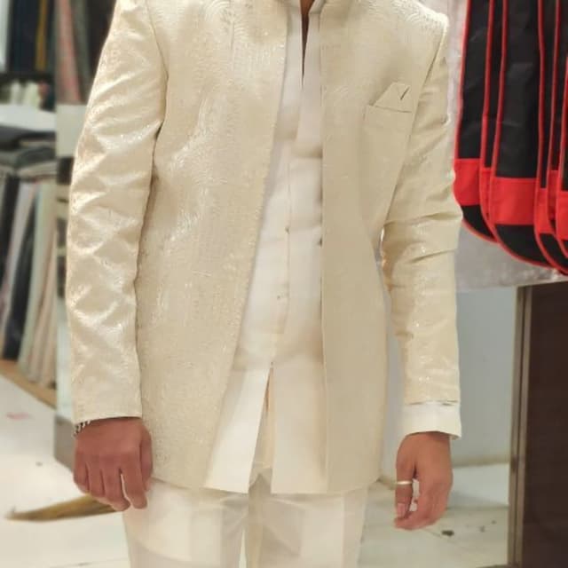 Ivory and White Jacket, Kurta, and Trousers Set