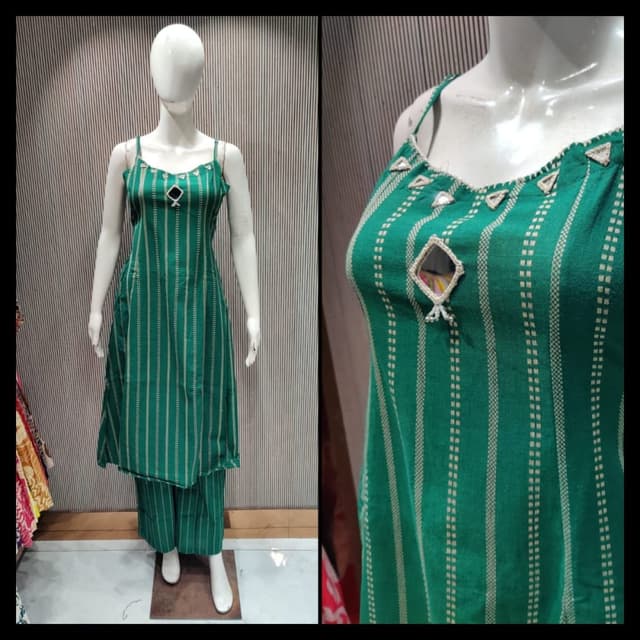 Green and Beige Kurta and Pants Set