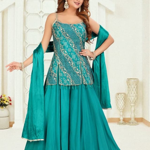 Teal, Gold Sharara Suit