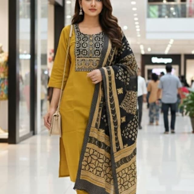 Mustard yellow, Black, Beige Salwar Kameez with Dupatta