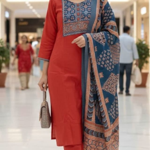 Red, Blue, Orange Kurta with Pants and Shawl