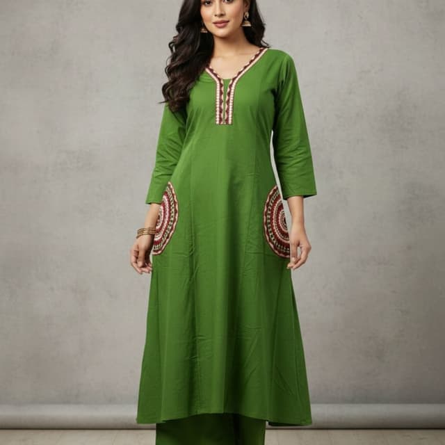 Green, with accents of Maroon, White and Beige Kurta with Palazzo