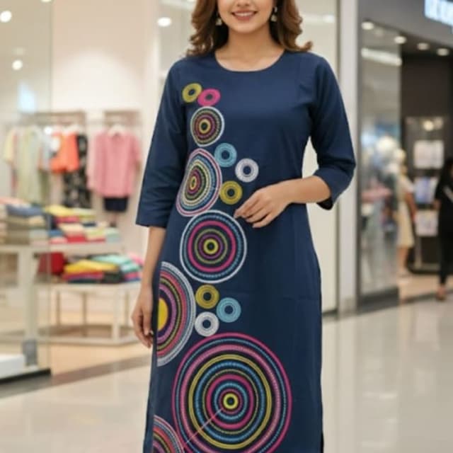Navy blue with multicoloured embellishments (pink, yellow, light blue, white, and orange) Kurti and Palazzo Set