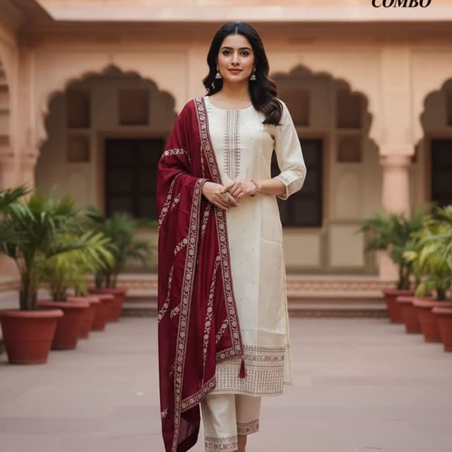 Ivory and Maroon Salwar Kameez with Dupatta