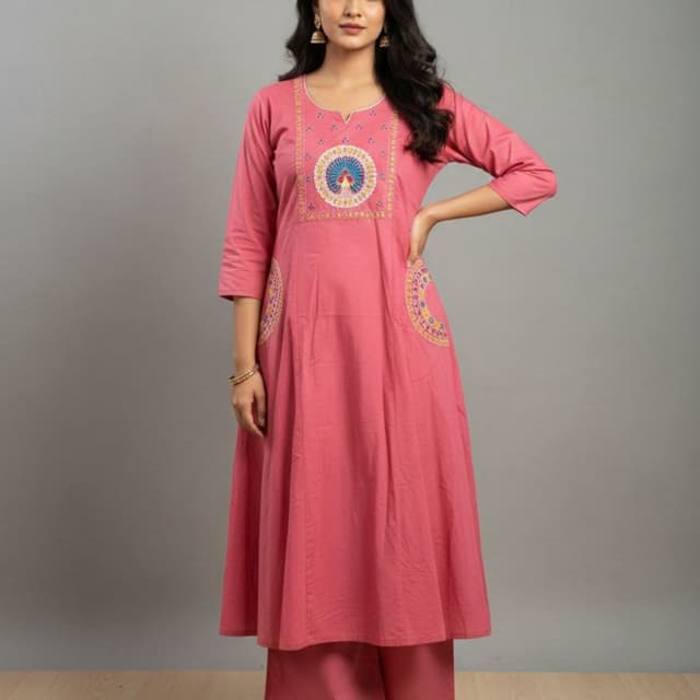 Pink with multicolor embroidery Kurta with palazzo pants
