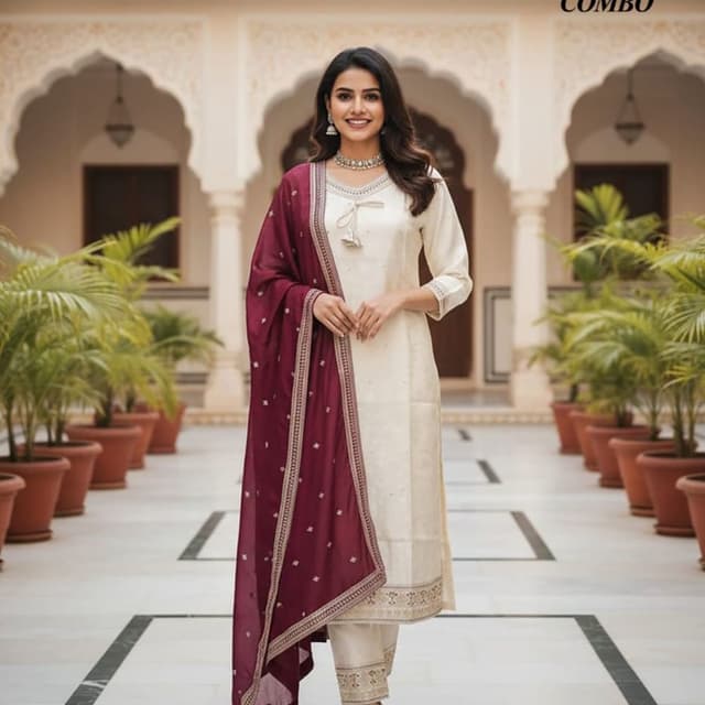 Ivory and Maroon Salwar Kameez with Dupatta