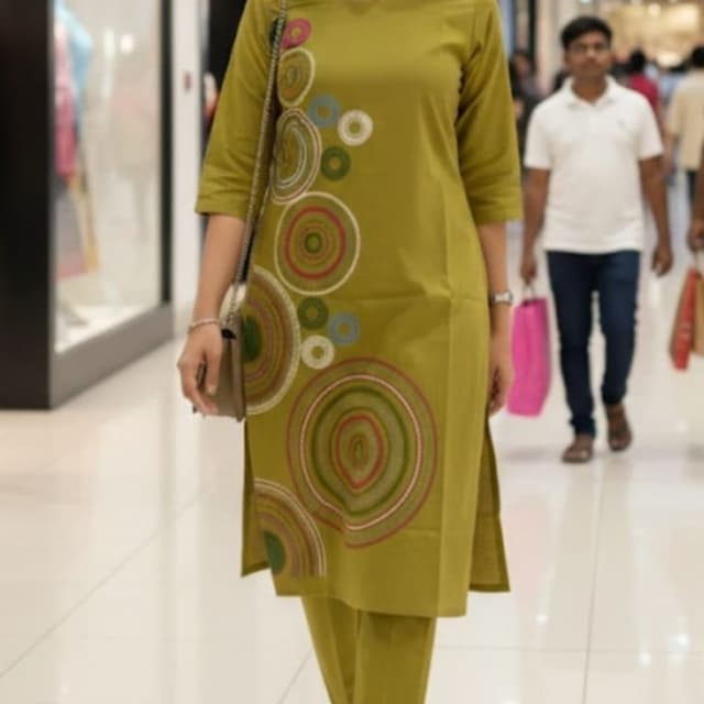 Olive Green with Multi-colored accents Kurta with Pants