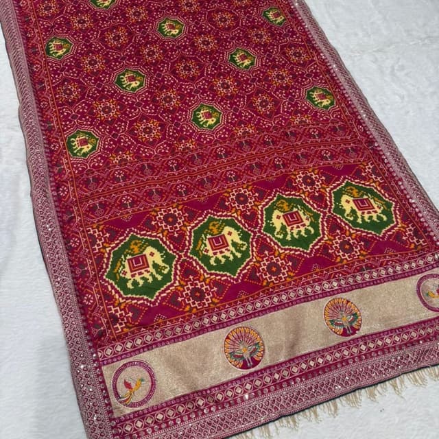 Maroon, Gold, Green, Yellow Saree