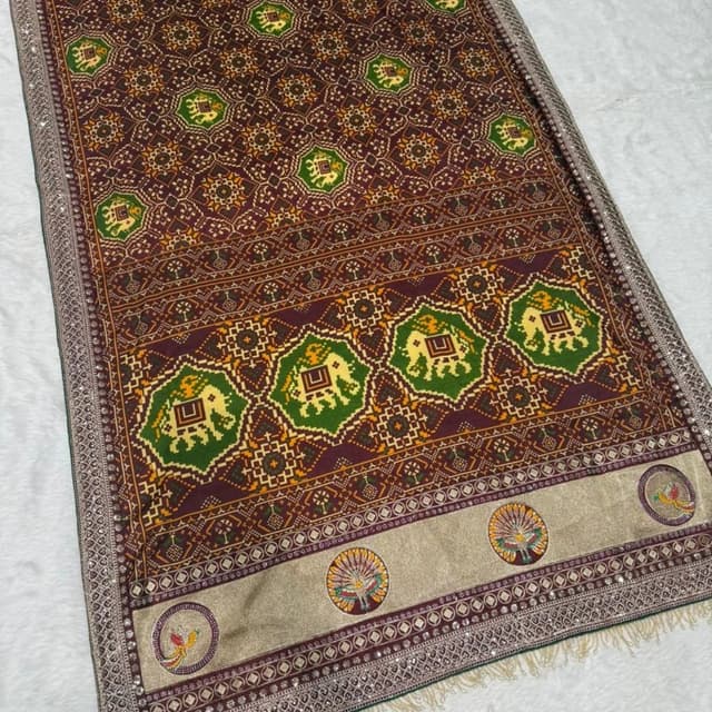Maroon, Green, Yellow, and Gold Saree