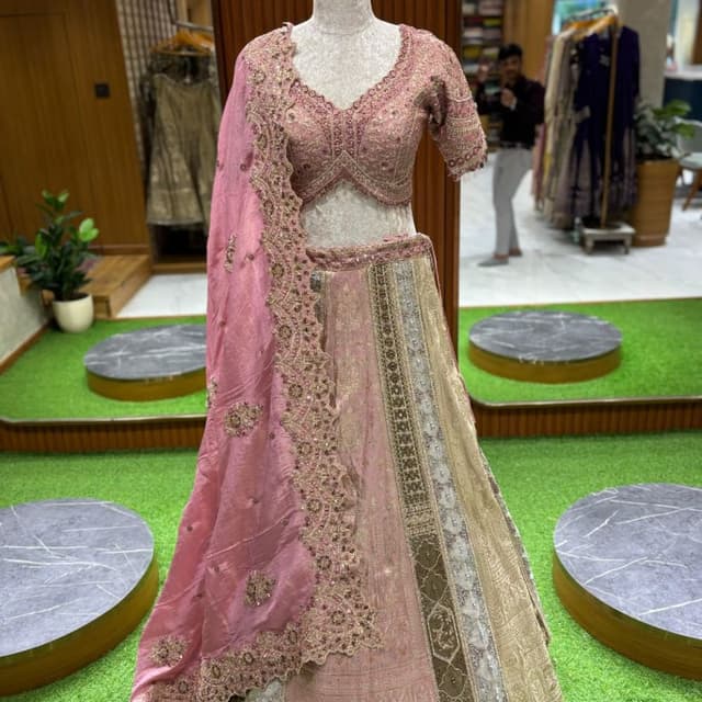 Pink, Gold, and Beige Lehenga Choli