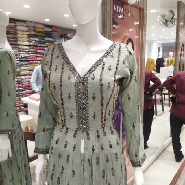 Sage green with accents of maroon and silver Anarkali Suit