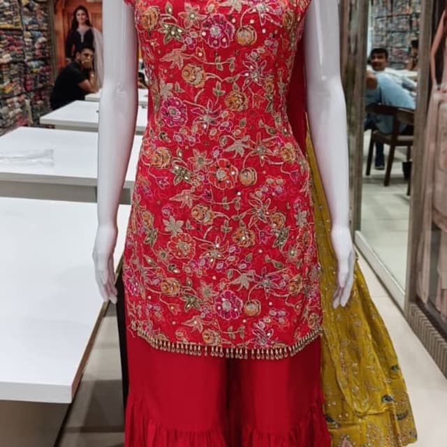 Red, Gold, Green, Pink Sharara Suit