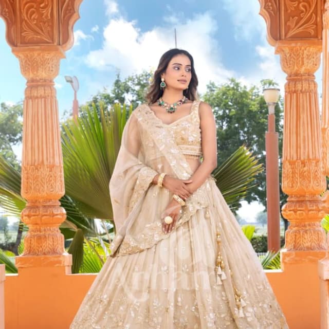 Beige, Gold Lehenga Choli
