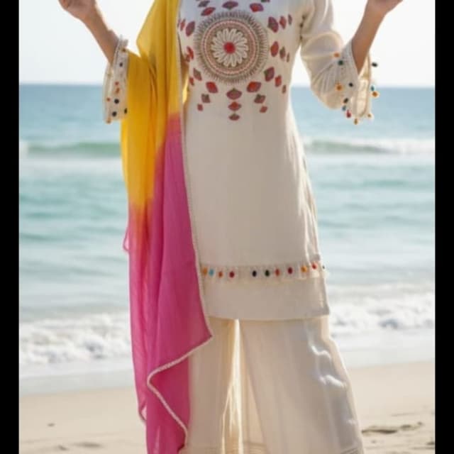 Off-white, Yellow, Pink, and Multicolor accents Kurta with Palazzo Pants and Dupatta