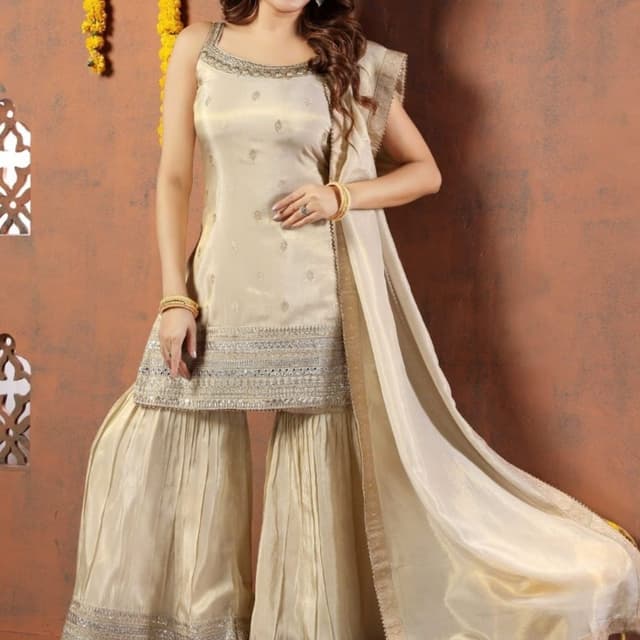 Beige, Gold, Silver Sharara Suit