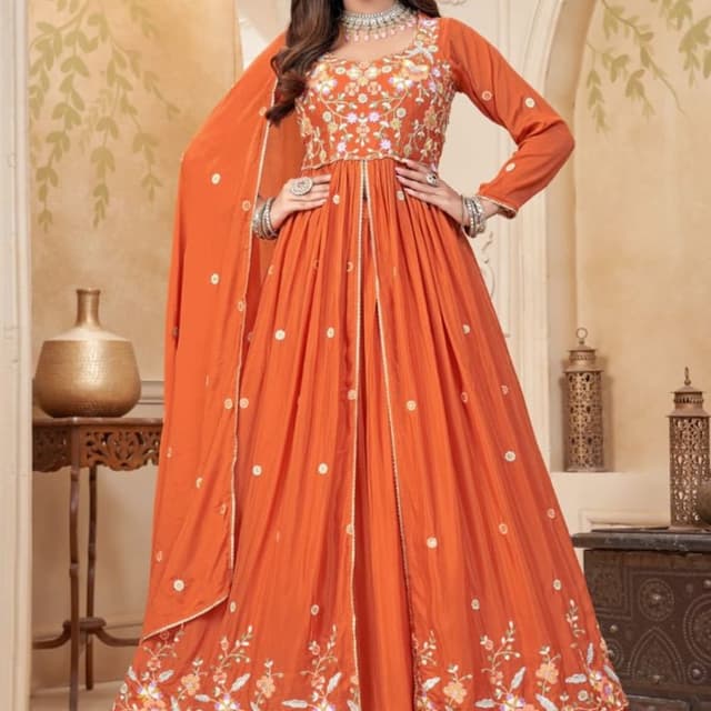 Orange, Multicolor Anarkali Gown with Dupatta
