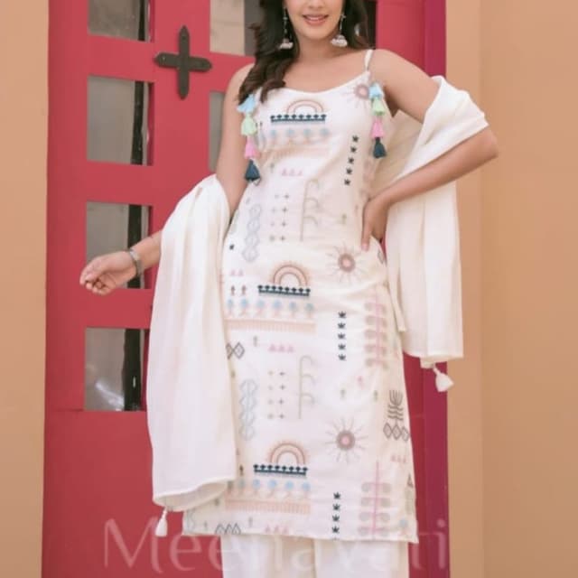 Ivory, blue, pink, green, and brown Kurta and Palazzo set with a dupatta