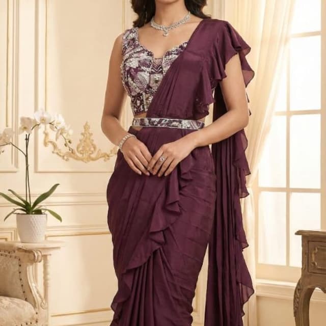Plum, White Saree