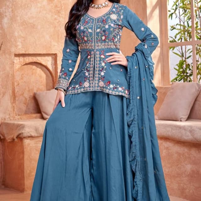 Teal, Red, Cream Sharara Suit