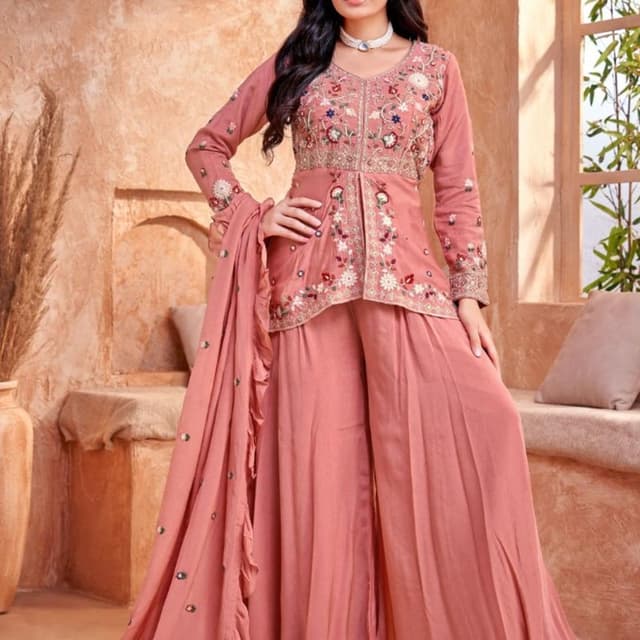 Salmon pink with multicolored embroidery Sharara suit