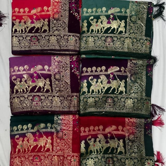 Red, Green, Purple, with gold and dark accents. Saree