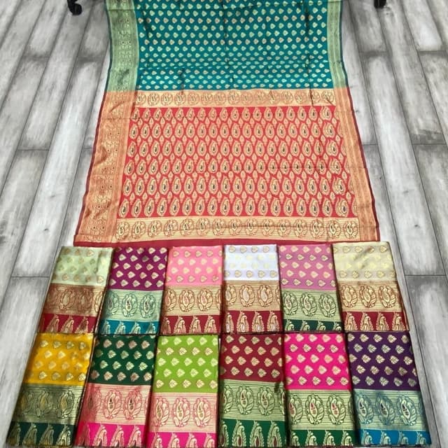 Teal, Red, Gold, and various other colors like pink, purple, green, and white. Saree