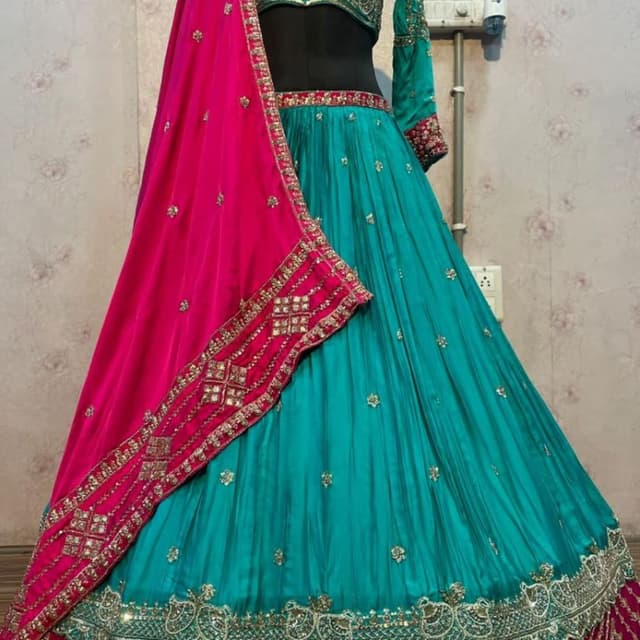 Teal, Hot Pink, Gold Lehenga Choli