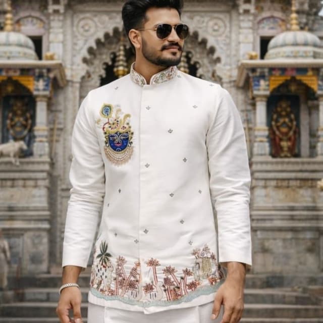 White, Blue, Gold, and Earth Tones Jacket with Kurta