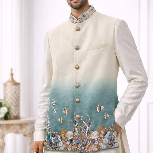 Ivory, Teal, Gold, and various other colors in the embroidery Waistcoat/Nehru Jacket