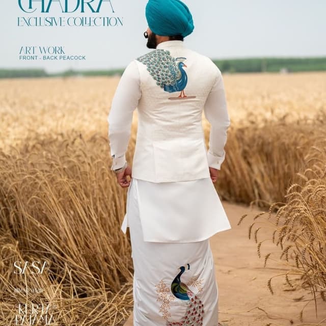 White, Teal, Blue, Gold Kurta Pajama Set with Vest