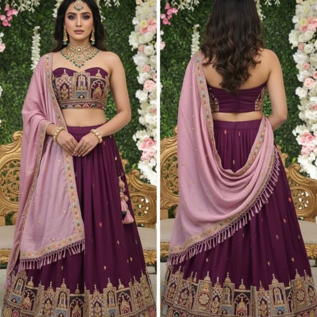 Deep purple, blush pink, gold, and multi-colored embroidery Lehenga Choli