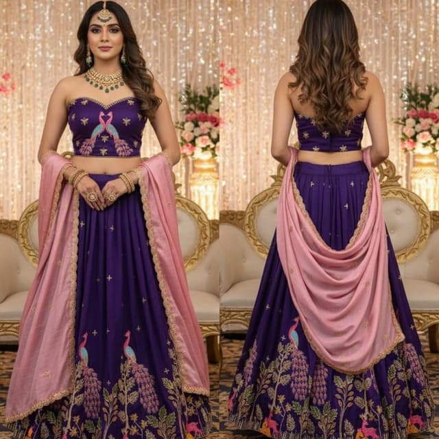 Purple, Pink, Gold, Green, and other pastel shades Lehenga Choli