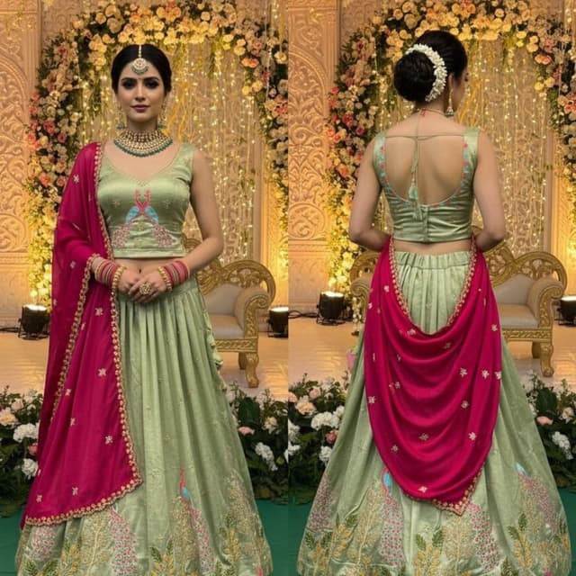 Sage Green and Fuchsia with gold accents Lehenga Choli