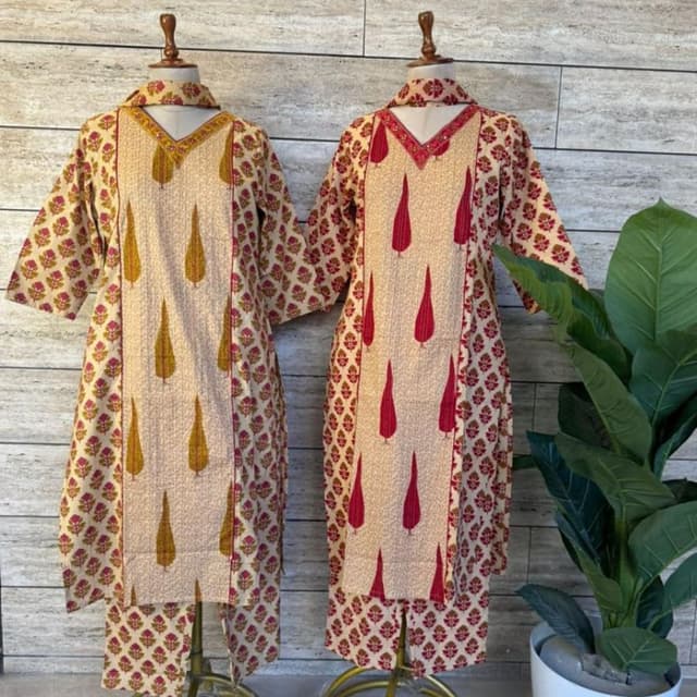 Beige, Burgundy, and Mustard Yellow Kurta Set